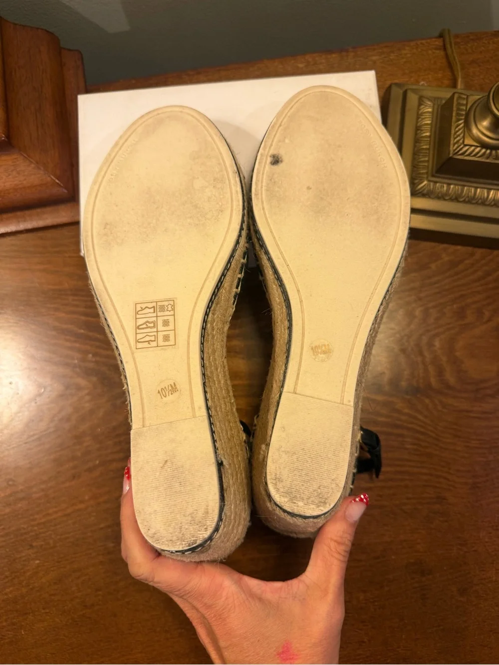 Tory Burch Black Canvas/Leather Espadrille Ankle-Strap Wedge Sandals Size 10.5